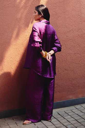 Shop_Kavya Singh Kundu_Purple Silk Collared Neck Monroe Polka Dot Block Print Shirt And Pant Set _at_Aza_Fashions