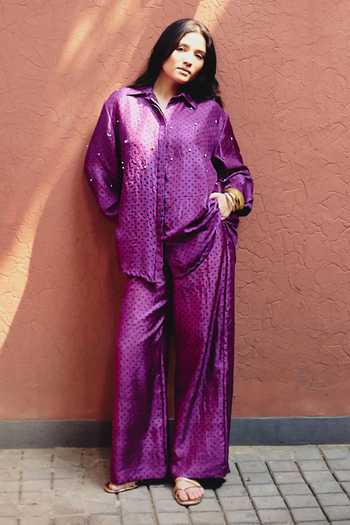 Buy_Kavya Singh Kundu_Purple Silk Collared Neck Monroe Polka Dot Block Print Shirt And Pant Set _at_Aza_Fashions
