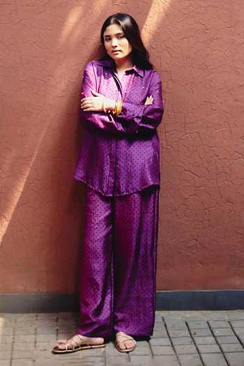 Buy_Kavya Singh Kundu_Purple Silk Collared Neck Monroe Polka Dot Block Print Shirt And Pant Set _Online_at_Aza_Fashions