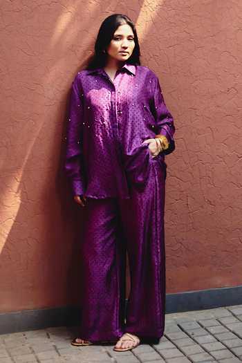 Shop_Kavya Singh Kundu_Purple Silk Collared Neck Monroe Polka Dot Block Print Shirt And Pant Set _Online_at_Aza_Fashions