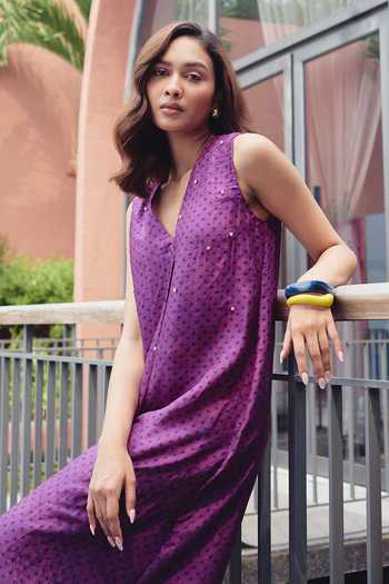 Kavya Singh Kundu_Purple Silk V-neck Violet Block Printed Dress _Online_at_Aza_Fashions