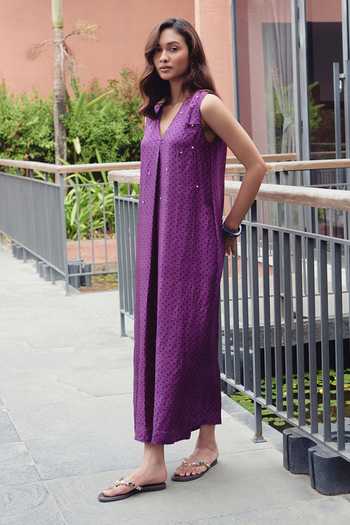 Shop_Kavya Singh Kundu_Purple Silk V-neck Violet Block Printed Dress _Online_at_Aza_Fashions