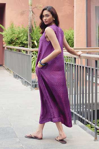 Shop_Kavya Singh Kundu_Purple Silk V-neck Violet Block Printed Dress _at_Aza_Fashions