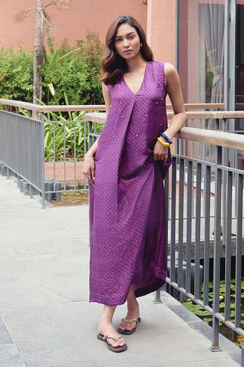 Buy_Kavya Singh Kundu_Purple Silk V-neck Violet Block Printed Dress 