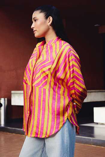 Buy_Kavya Singh Kundu_Pink Silk Mandarin Collar Pop Block Print Shirt _Online_at_Aza_Fashions