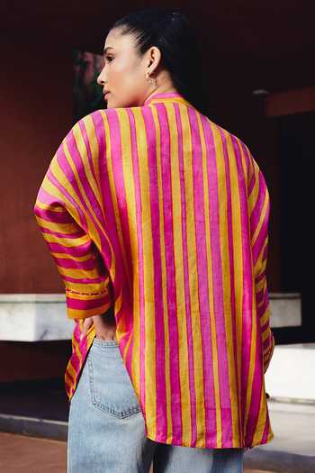 Shop_Kavya Singh Kundu_Pink Silk Mandarin Collar Pop Block Print Shirt _at_Aza_Fashions