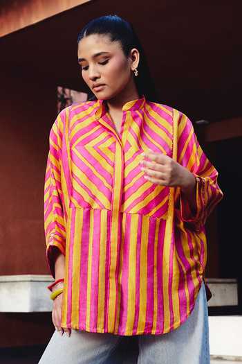 Shop_Kavya Singh Kundu_Pink Silk Mandarin Collar Pop Block Print Shirt _Online_at_Aza_Fashions