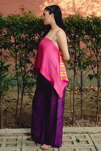 Shop_Kavya Singh Kundu_Pink Silk Square Neck Bali Block Print Top And Pant Set _Online_at_Aza_Fashions