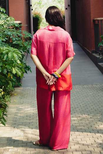 Shop_Kavya Singh Kundu_Pink Silk Collared Neck Rouge Handblock Print Shirt And Pant Set _at_Aza_Fashions