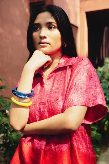 Buy_Kavya Singh Kundu_Pink Silk Collared Neck Rouge Handblock Print Shirt And Pant Set _Online_at_Aza_Fashions