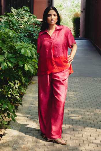 Kavya Singh Kundu_Pink Silk Collared Neck Rouge Handblock Print Shirt And Pant Set _at_Aza_Fashions