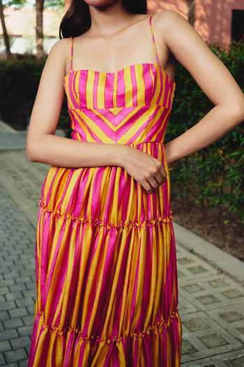 Kavya Singh Kundu_Pink Silk Square Neck Swirl Block Print Dress _Online_at_Aza_Fashions