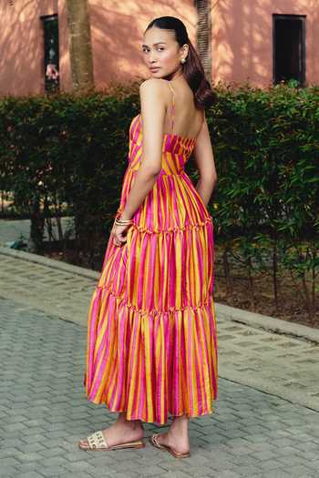 Buy_Kavya Singh Kundu_Pink Silk Square Neck Swirl Block Print Dress _Online_at_Aza_Fashions