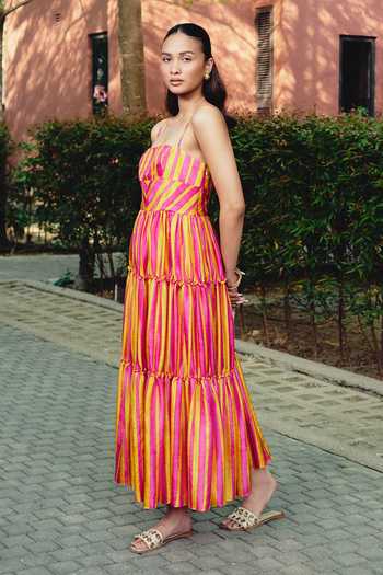 Shop_Kavya Singh Kundu_Pink Silk Square Neck Swirl Block Print Dress _Online_at_Aza_Fashions