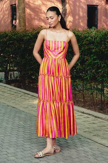 Shop_Kavya Singh Kundu_Pink Silk Square Neck Swirl Block Print Dress 