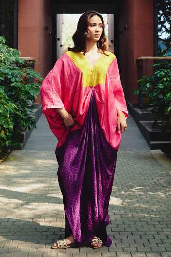 Kavya Singh Kundu_Multi Color Silk V-neck Carnival Polka Dot Print Kaftan _Online_at_Aza_Fashions