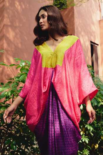 Shop_Kavya Singh Kundu_Multi Color Silk V-neck Carnival Polka Dot Print Kaftan _Online_at_Aza_Fashions