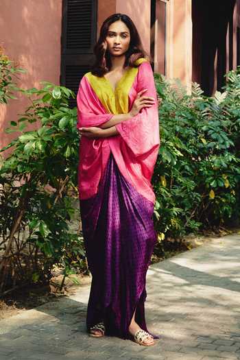 Kavya Singh Kundu_Multi Color Silk V-neck Carnival Polka Dot Print Kaftan _at_Aza_Fashions