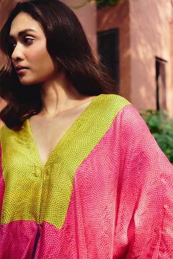 Shop_Kavya Singh Kundu_Multi Color Silk V-neck Carnival Polka Dot Print Kaftan 
