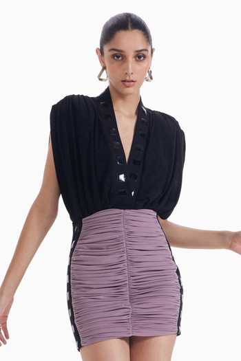 Sameer Madan_Black Jersey V-, Plunge Half Of Me Luxury Dress _Online_at_Aza_Fashions