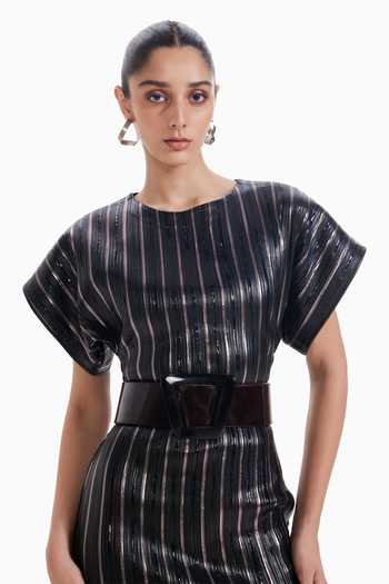 Shop_Sameer Madan_Black Jersey Round Neck Faux Fame Pinstriped Luxury Dress _at_Aza_Fashions