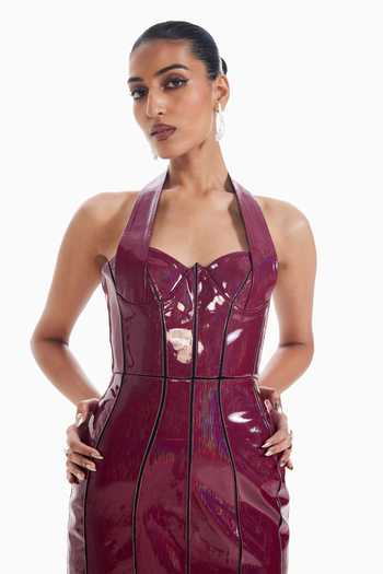 Sameer Madan_Maroon Jersey Sweetheart , Halter Lipstick Proof Dress _Online_at_Aza_Fashions
