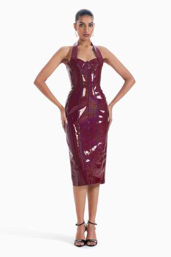 Buy_Sameer Madan_Maroon Jersey Sweetheart , Halter Lipstick Proof Dress _at_Aza_Fashions