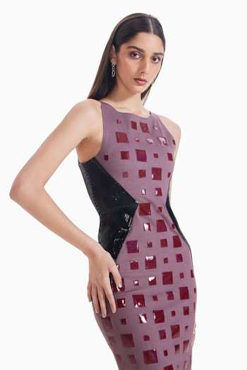 Sameer Madan_Purple Jersey High Neck Unravel Bliss Embroidered Midi Dress _Online_at_Aza_Fashions
