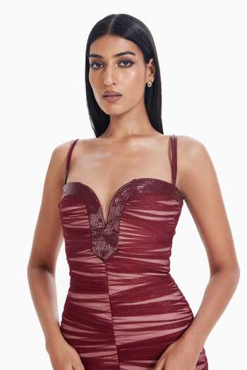 Sameer Madan_Maroon Tulle, Jersey Sweetheart Neck Lip Locked Ruched Dress _Online_at_Aza_Fashions