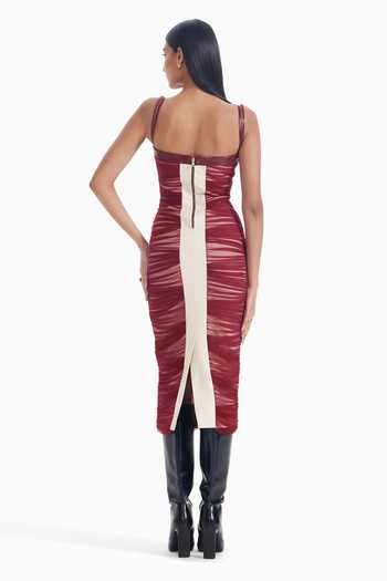 Shop_Sameer Madan_Maroon Tulle, Jersey Sweetheart Neck Lip Locked Ruched Dress _at_Aza_Fashions