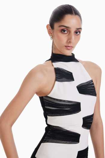 Sameer Madan_Black Tulle, Jersey Halter Neck Exit Strategy Bodycon Dress _Online_at_Aza_Fashions