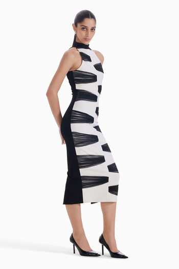 Shop_Sameer Madan_Black Tulle, Jersey Halter Neck Exit Strategy Bodycon Dress _at_Aza_Fashions