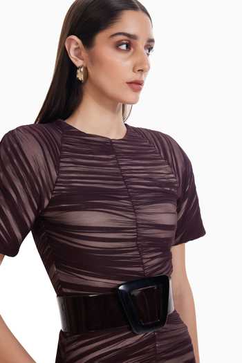 Sameer Madan_Black Tulle, Jersey Round Neck Soft Collapse Mesh Ruched Dress _Online_at_Aza_Fashions