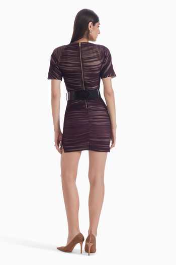 Shop_Sameer Madan_Black Tulle, Jersey Round Neck Soft Collapse Mesh Ruched Dress _at_Aza_Fashions
