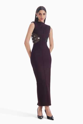 Buy_Sameer Madan_Wine Tulle, Jersey High Neck Viral Vixen Leather Applique Work Dress _at_Aza_Fashions