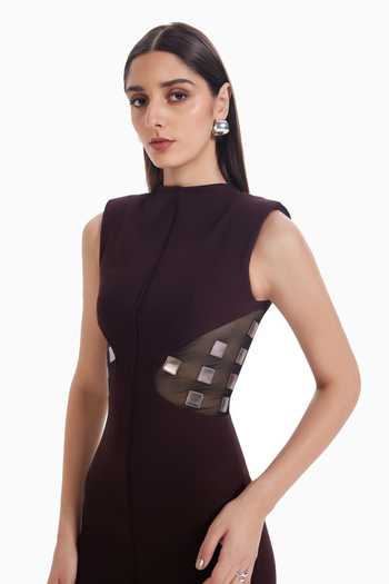 Sameer Madan_Wine Tulle, Jersey High Neck Viral Vixen Leather Applique Work Dress _Online_at_Aza_Fashions