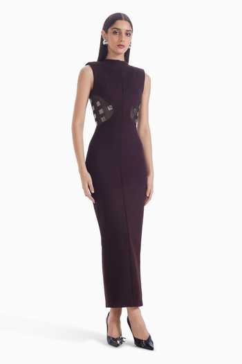 Shop_Sameer Madan_Wine Tulle, Jersey High Neck Viral Vixen Leather Applique Work Dress _at_Aza_Fashions