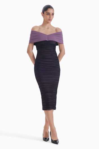 Buy_Sameer Madan_Black Tulle, Jersey V-neck, Off-shoulder Body Talk Ruched Midi Dress _at_Aza_Fashions