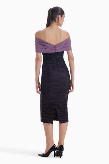 Shop_Sameer Madan_Black Tulle, Jersey V-neck, Off-shoulder Body Talk Ruched Midi Dress _at_Aza_Fashions