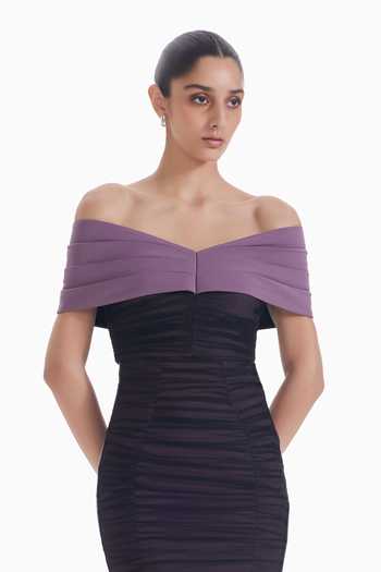 Sameer Madan_Black Tulle, Jersey V-neck, Off-shoulder Body Talk Ruched Midi Dress _Online_at_Aza_Fashions