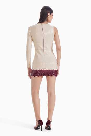 Shop_Sameer Madan_Ivory Jersey Asymmetric Neck Blurred Intention One-sleeve Mini Dress _at_Aza_Fashions