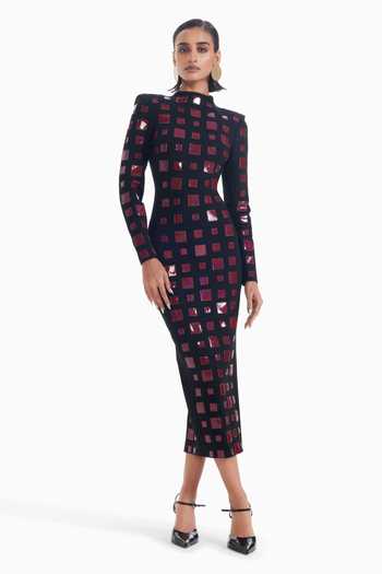 Sameer Madan_Black Jersey High Neck Lipgloss Residue Applique Work Dress _at_Aza_Fashions