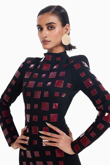 Sameer Madan_Black Jersey High Neck Lipgloss Residue Applique Work Dress _Online