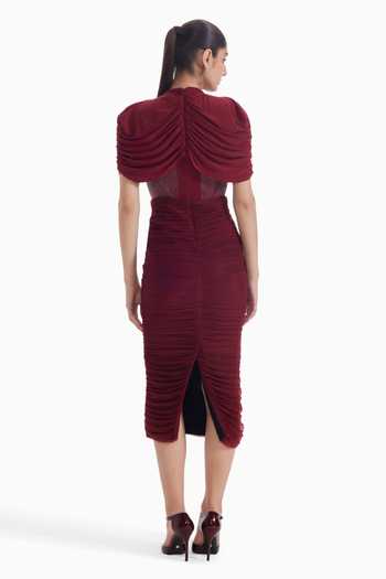 Shop_Sameer Madan_Burgundy Tulle, Lycra, Jersey Plunge Neck Soft Armor Ruched Panelled Dress _at_Aza_Fashions