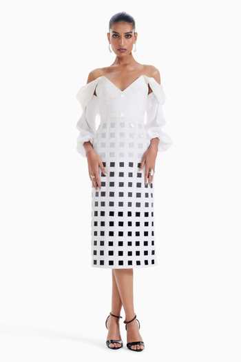 Buy_Sameer Madan_Black Organza, Crepe V-neck, Off-shoulder Fictional Feelings Midi Dress _at_Aza_Fashions