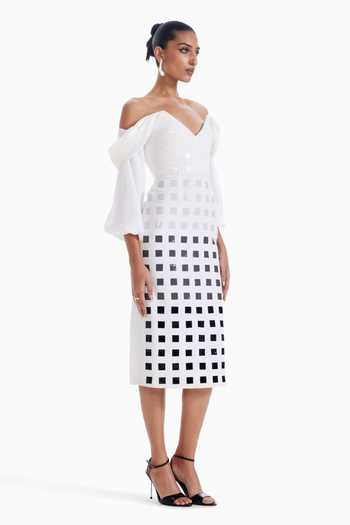Sameer Madan_Black Organza, Crepe V-neck, Off-shoulder Fictional Feelings Midi Dress _Online_at_Aza_Fashions