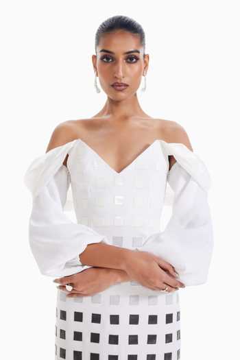 Buy_Sameer Madan_Black Organza, Crepe V-neck, Off-shoulder Fictional Feelings Midi Dress _Online_at_Aza_Fashions