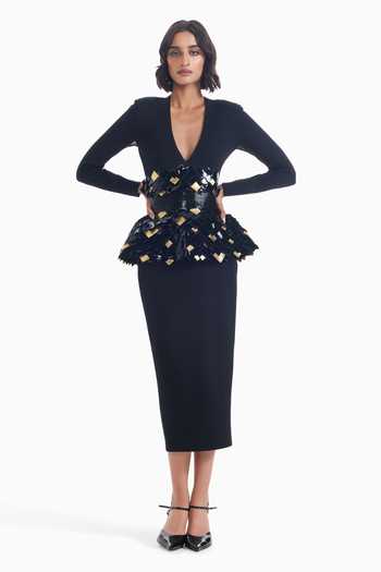 Buy_Sameer Madan_Black Jersey V-neck Snatched Aura Bodycon Dress _at_Aza_Fashions