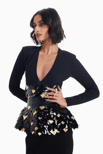 Buy_Sameer Madan_Black Jersey V-neck Snatched Aura Bodycon Dress _Online_at_Aza_Fashions