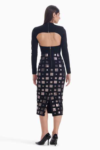 Shop_Sameer Madan_Black Jersey Keyhole Neck Pop Filter Bodycon Geometric Grid Pattern Dress _at_Aza_Fashions